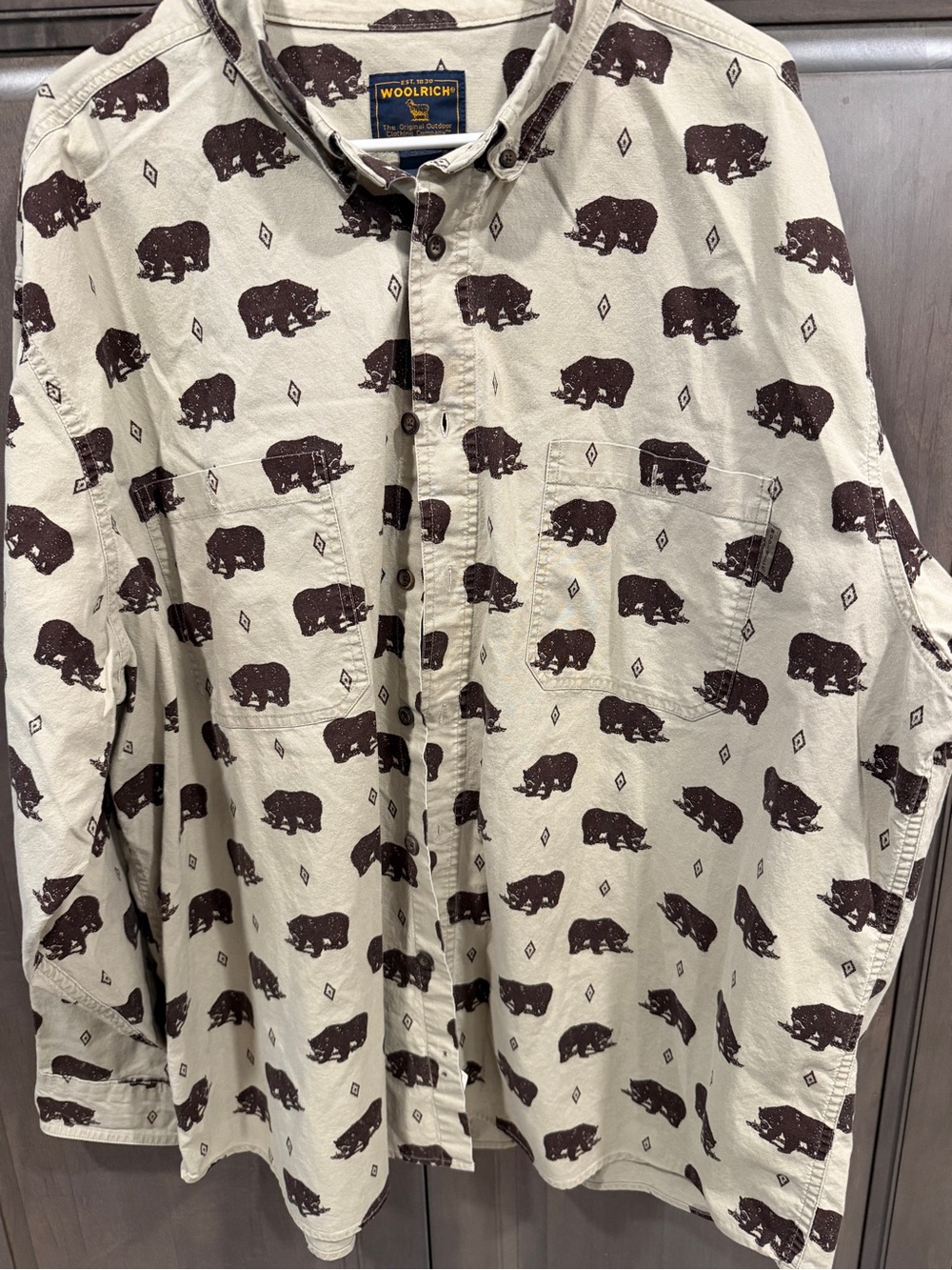 Vintage 90s Woolrich All Over Bear Print Button Down Shirt Cotton Country Cabin